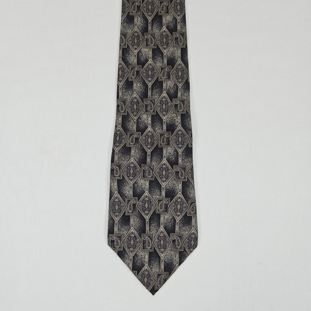 Vintage 90s Villa Bugatti Italian Silk Geometric Paisley Tie Navy Gold 3.75 x 58 - Picture 2 of 10
